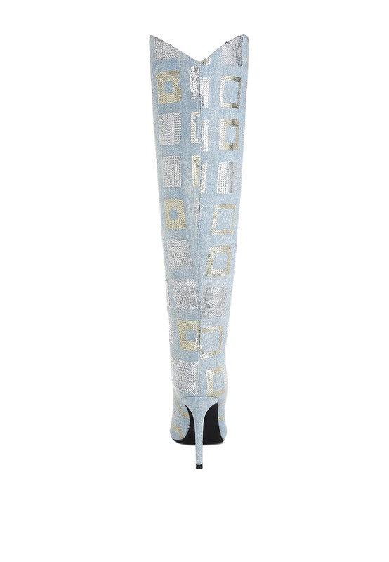 Sharmin Checkered Denim & Sequin Knee High Boots