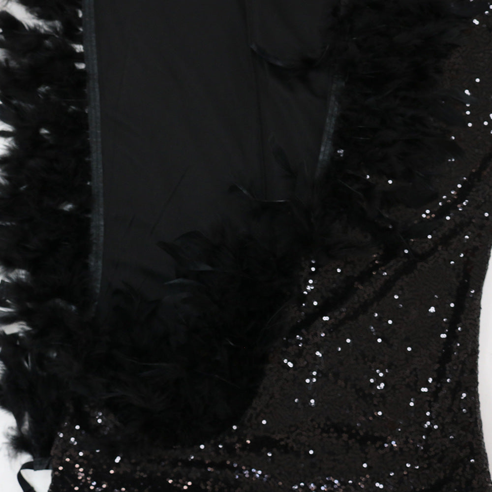 Feather Halter Side Split Sequin Dress