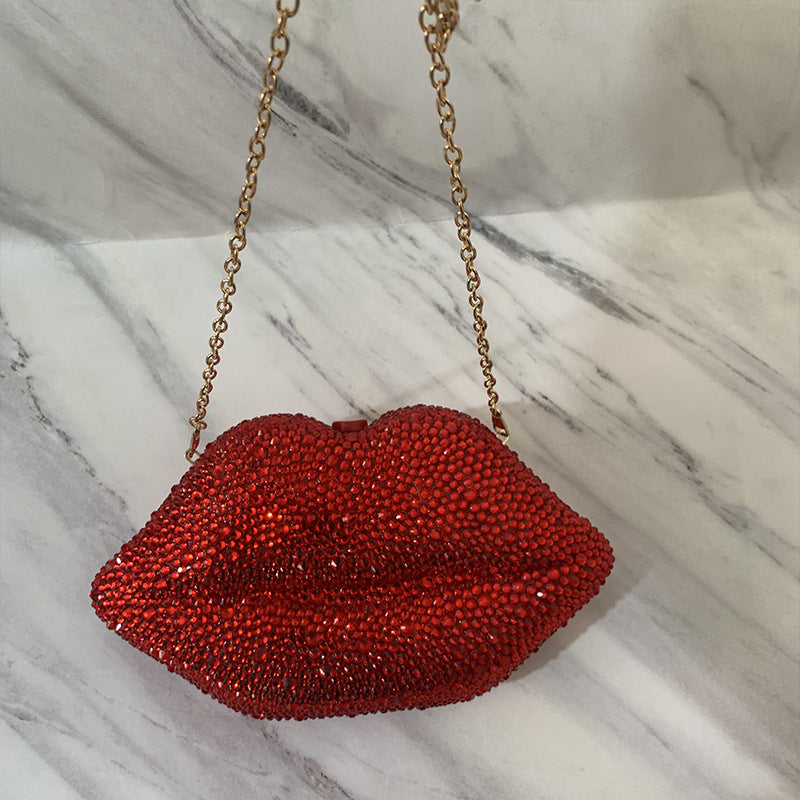 Rhinestone Acrylic Red Lips Chain Dinner Bag