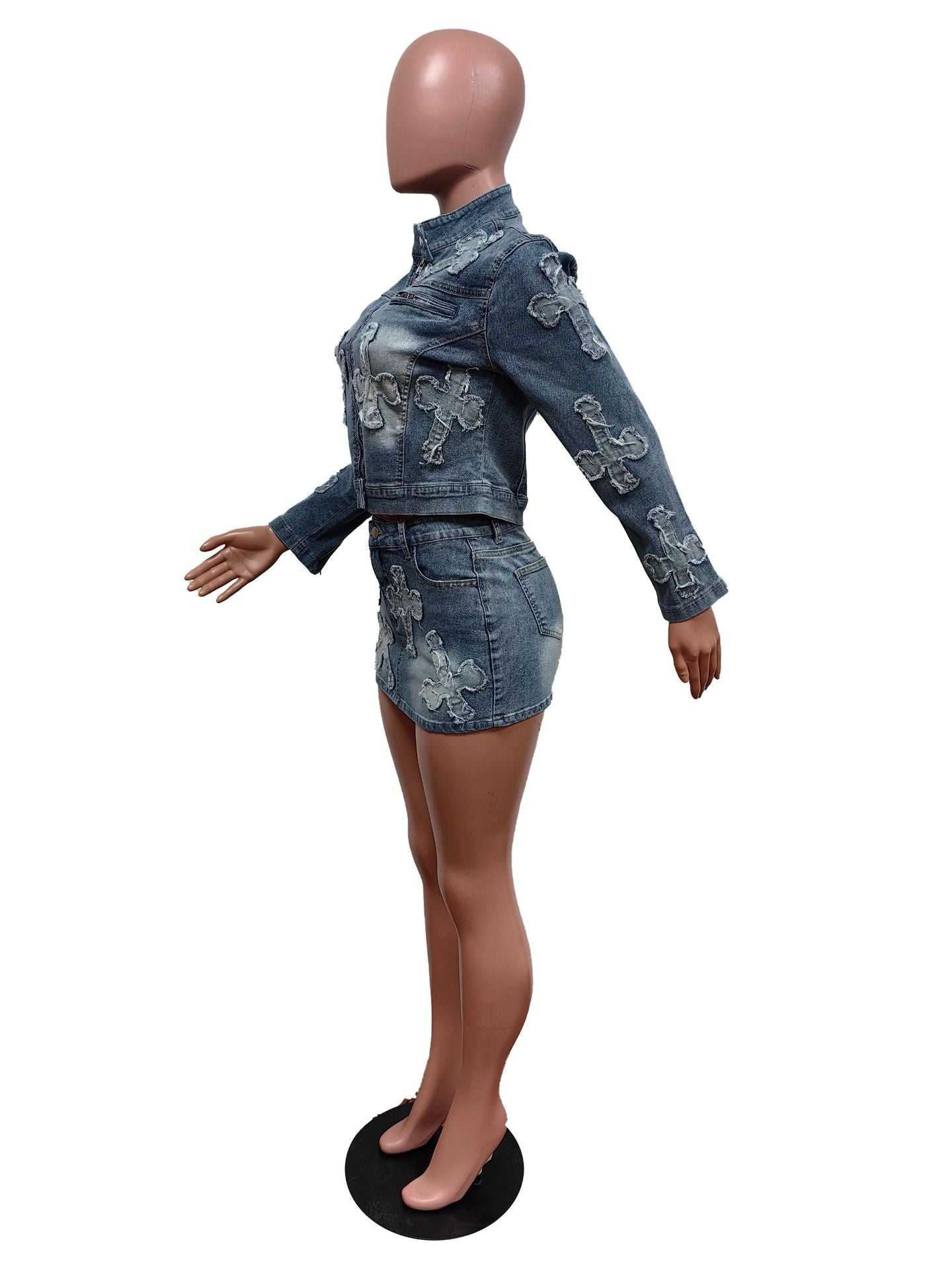 Denim Embroidered Cross Short Skirt Set