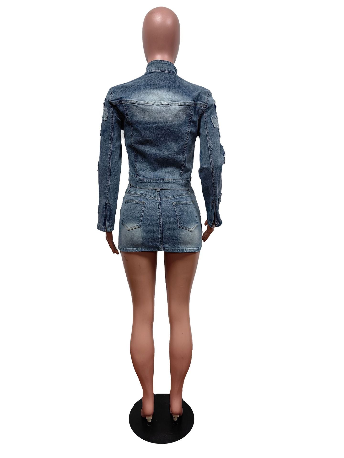 Denim Embroidered Cross Short Skirt Set