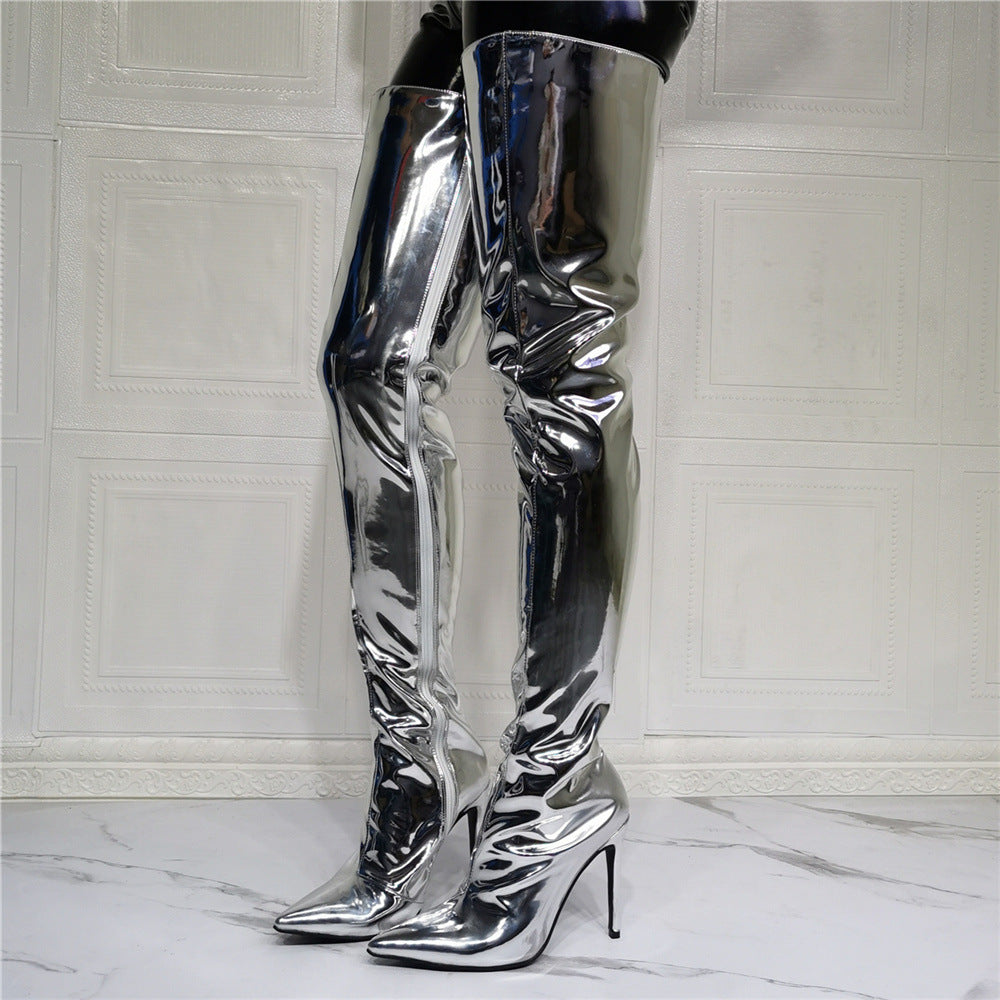 Women's Fashion Silver Patent Leather Thigh High Boots
