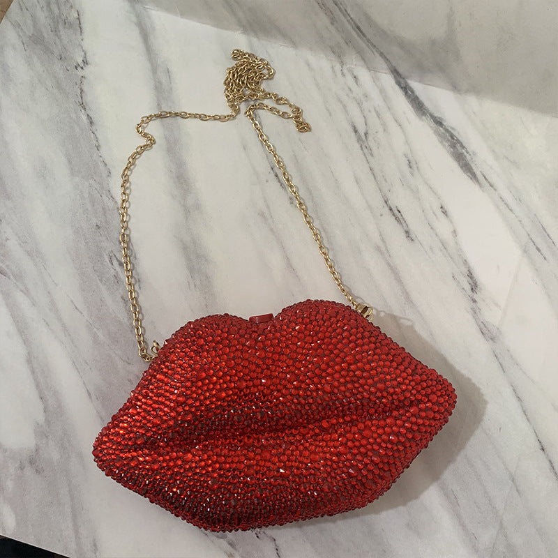 Rhinestone Acrylic Red Lips Chain Dinner Bag