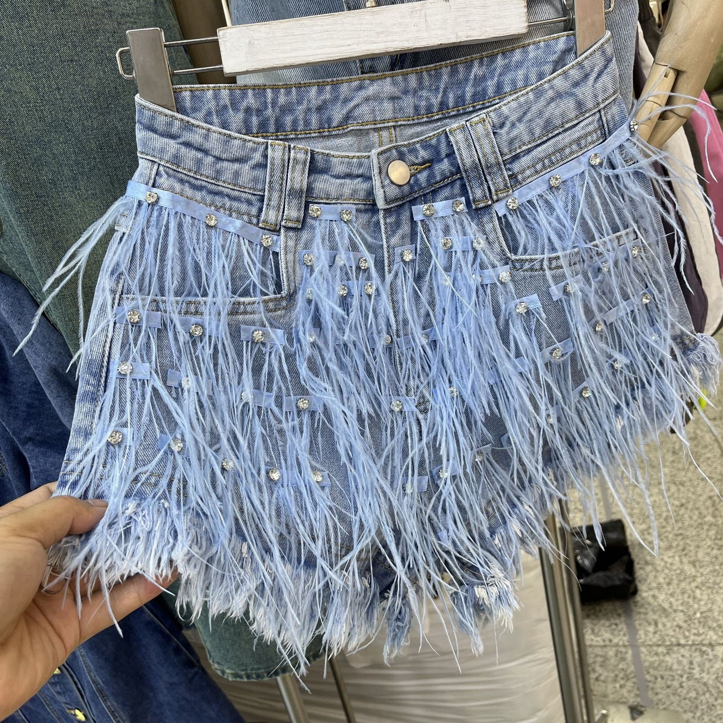 Rhinestone Ostrich Feather Tassel Denim Shorts