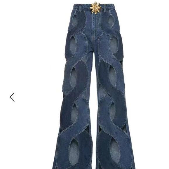 Women Streetwear Cutout Hollow Criss Cross Straight Flare Denim Pants