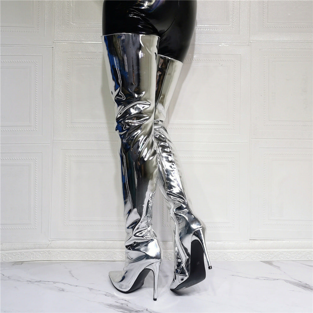 Women's Fashion Silver Patent Leather Thigh High Boots