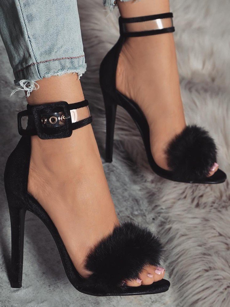Buckle Stiletto Fur Sandals