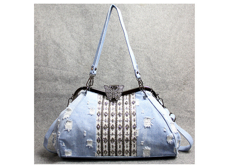 Light Blue Denim Butterfly Clip Rhinestone Crossbody Bag