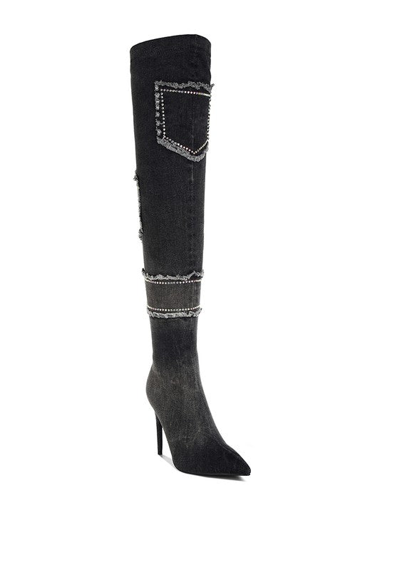 Women's Eilish Rhinestones Knee High Denim Boots