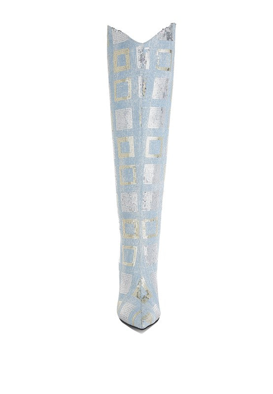 Sharmin Checkered Denim & Sequin Knee High Boots