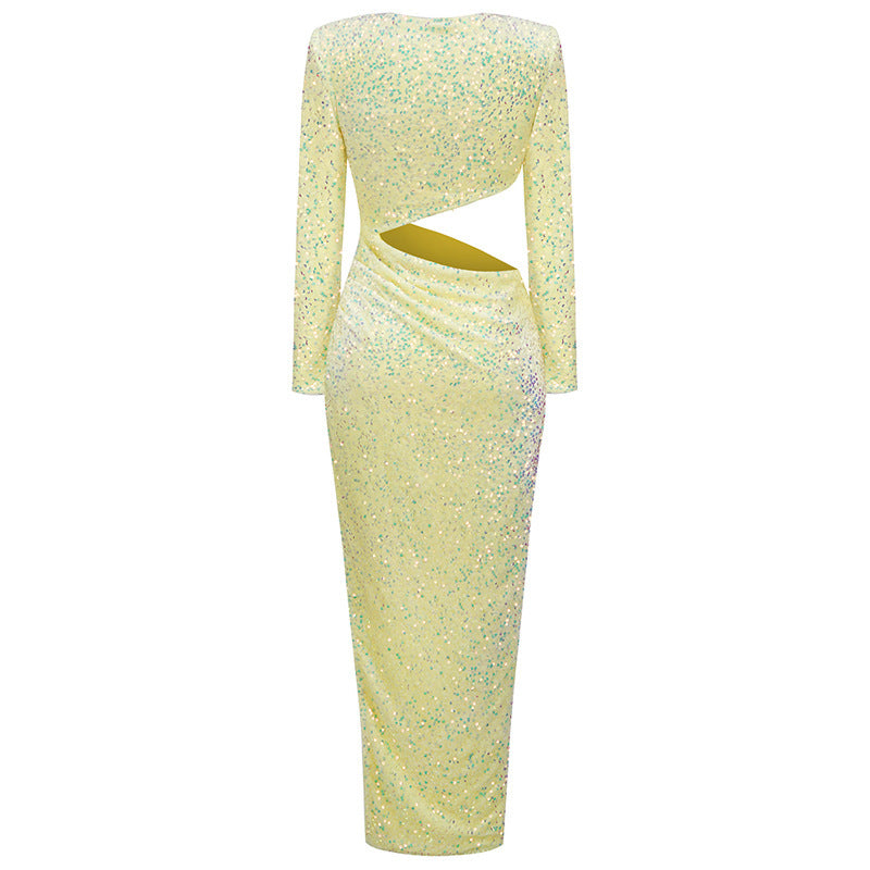 Women's Fashionable Sequins Long Sleeve Midriff Cutout Slim Dress