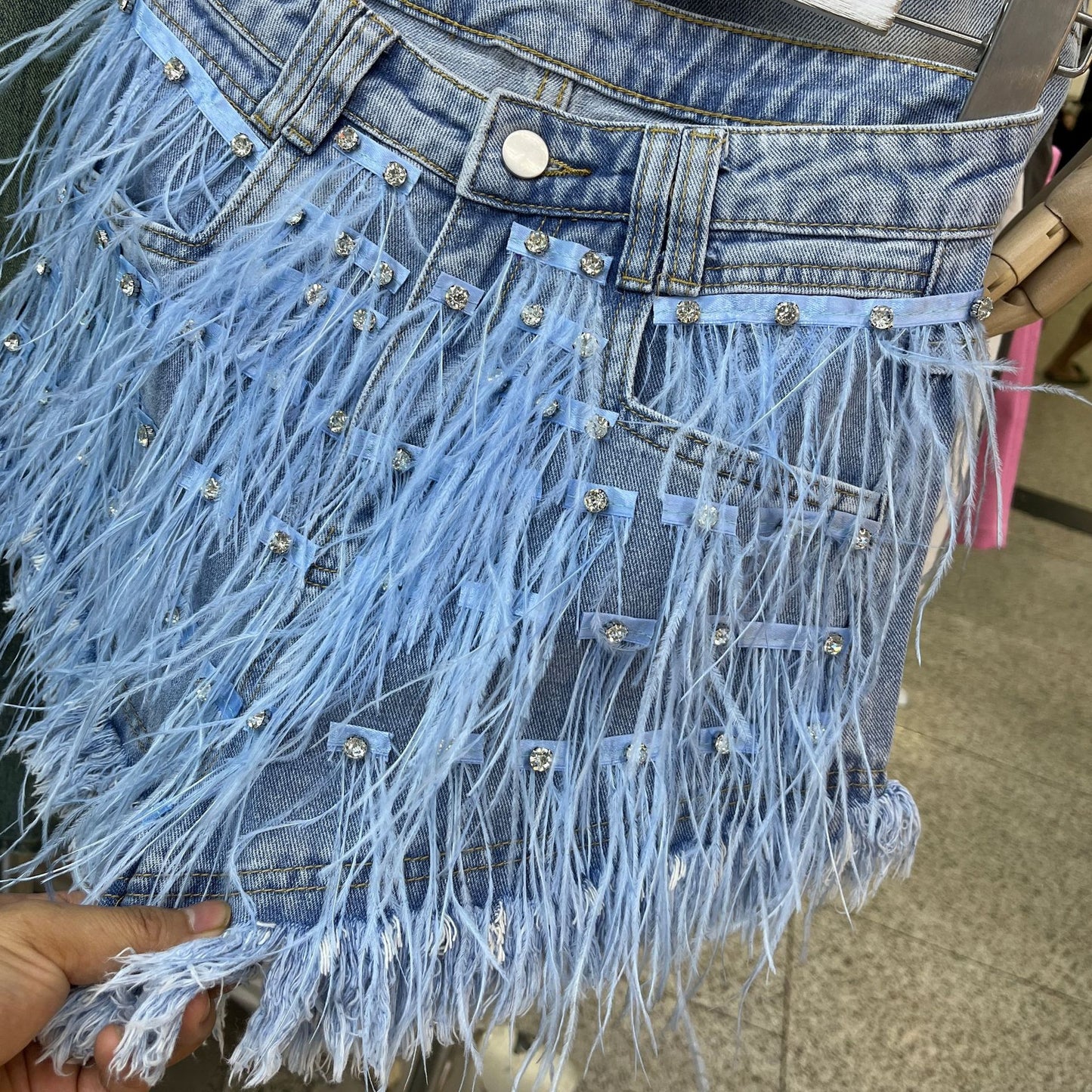 Rhinestone Ostrich Feather Tassel Denim Shorts