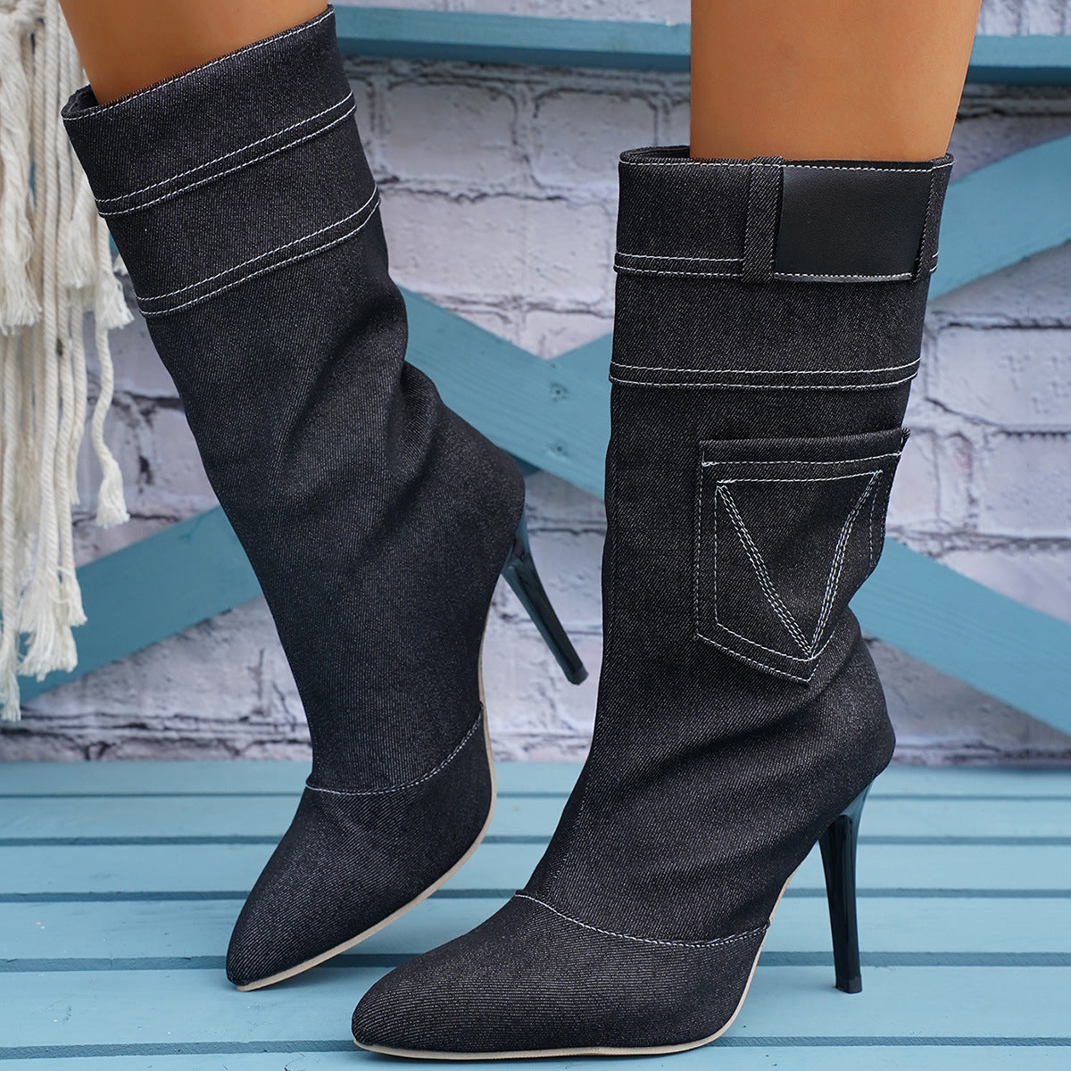 Women's Fashion Stiletto Pointed Toe Denim Western Boots With Pocket Design