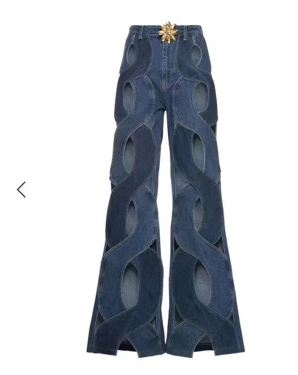 Women Streetwear Cutout Hollow Criss Cross Straight Flare Denim Pants