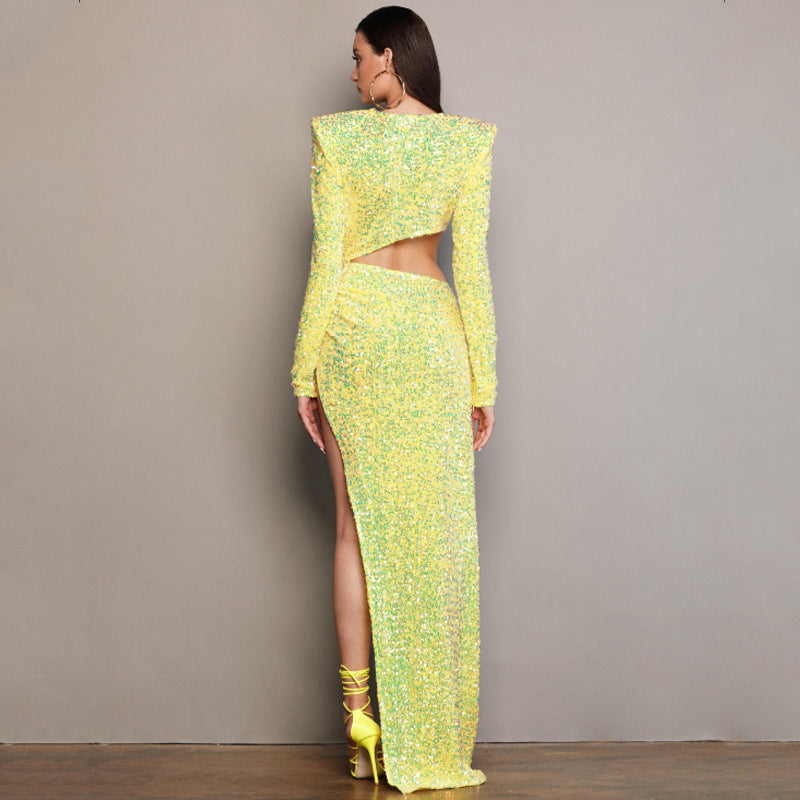 Women's Fashionable Sequins Long Sleeve Midriff Cutout Slim Dress