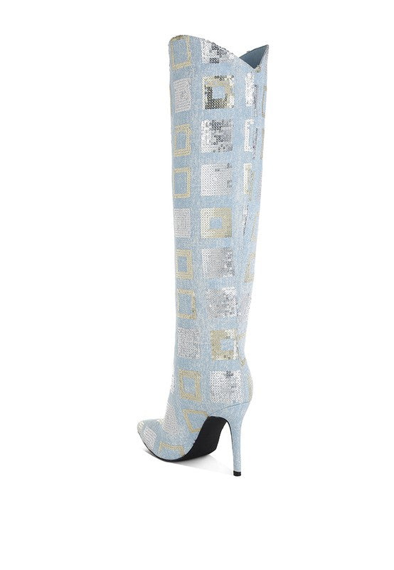 Sharmin Checkered Denim & Sequin Knee High Boots