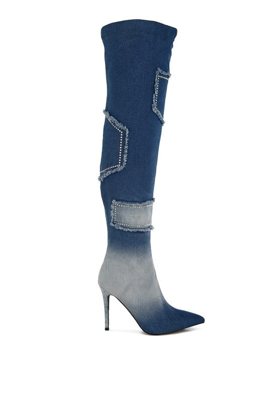 Women's Eilish Rhinestones Knee High Denim Boots