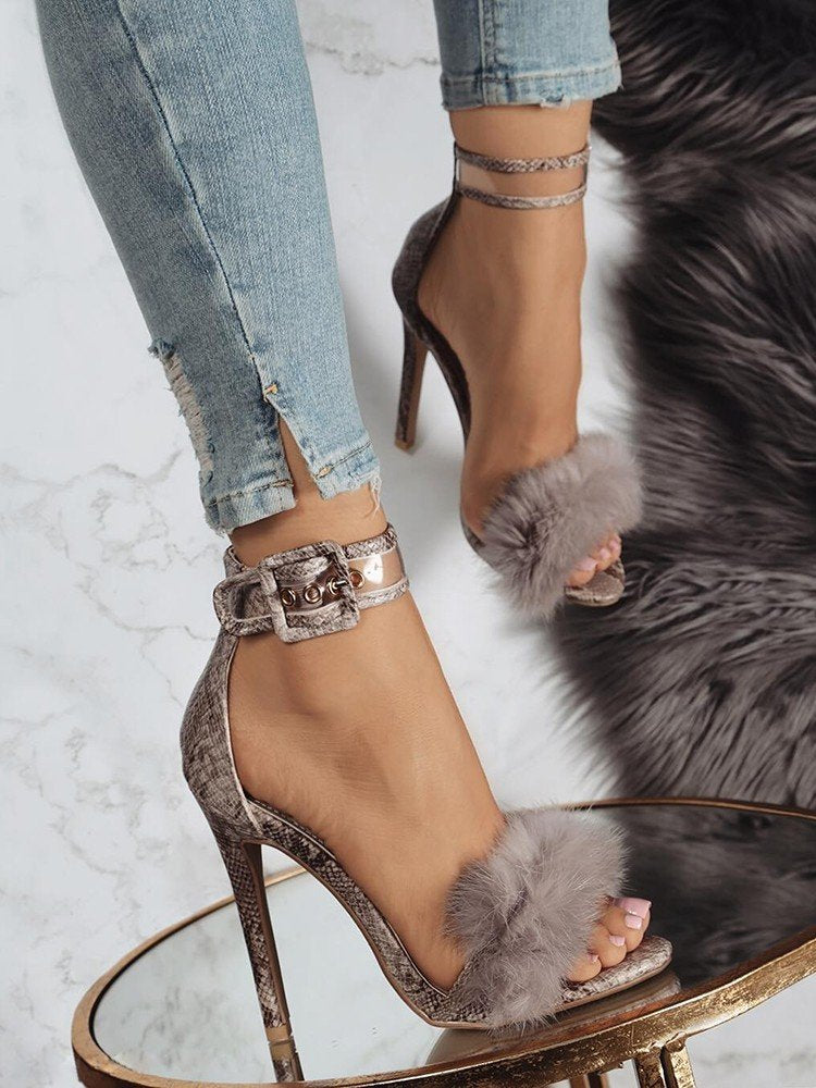 Buckle Stiletto Fur Sandals