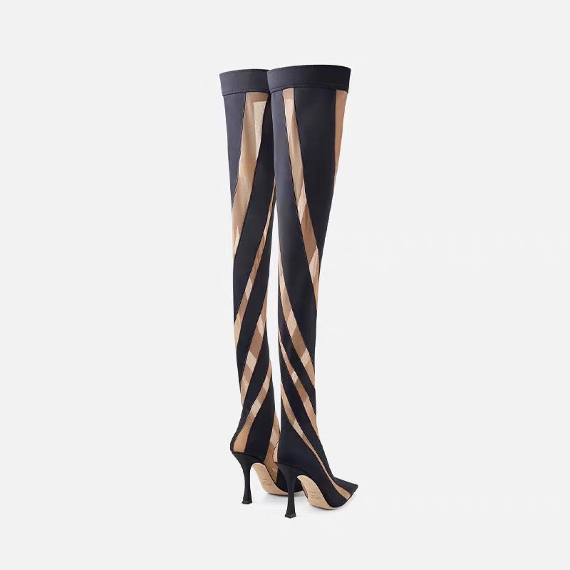 Women's Pointed Toe Hollow Mesh Over Knee High Heel Boots