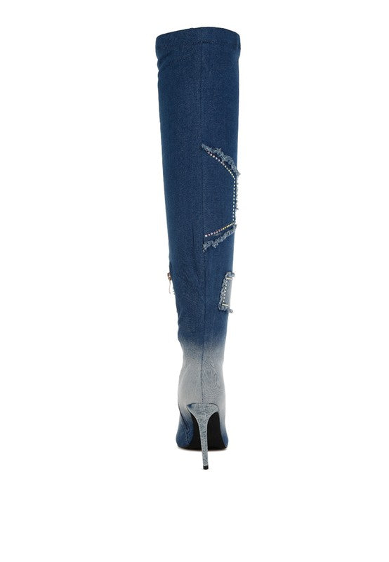 Women's Eilish Rhinestones Knee High Denim Boots