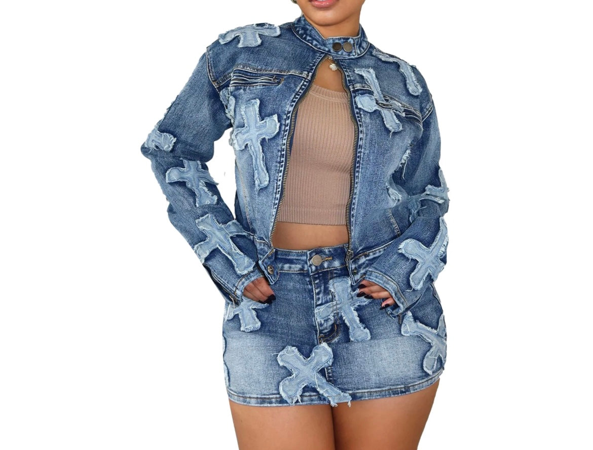 Denim Embroidered Cross Short Skirt Set