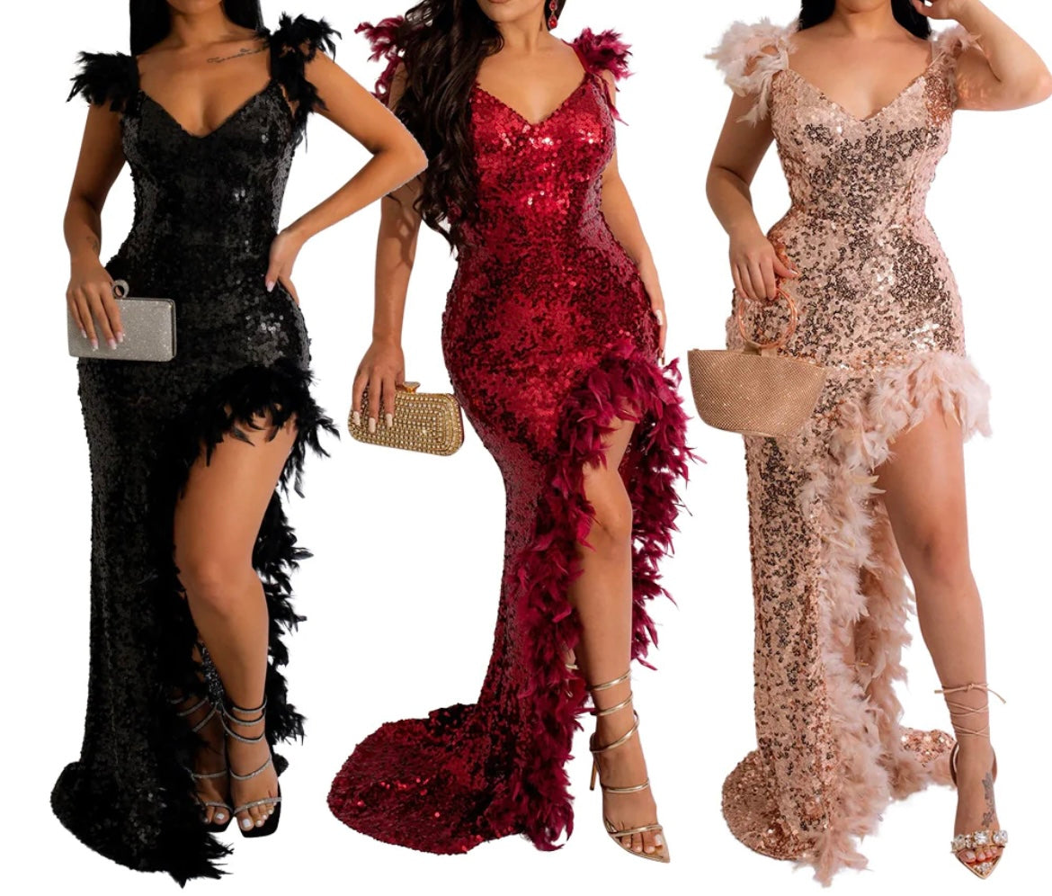 Feather Halter Side Split Sequin Dress