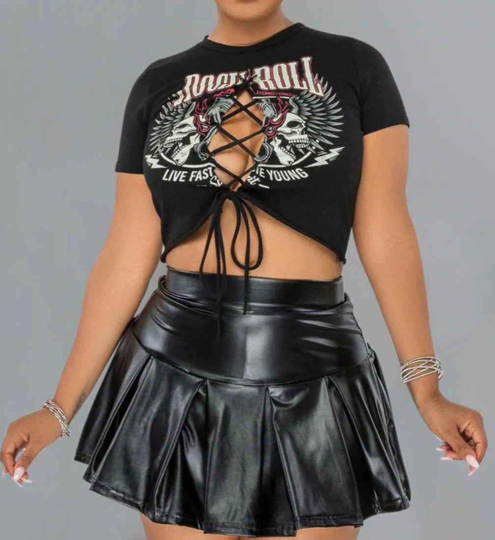 Women Short Pleated PU leather Skirt Set