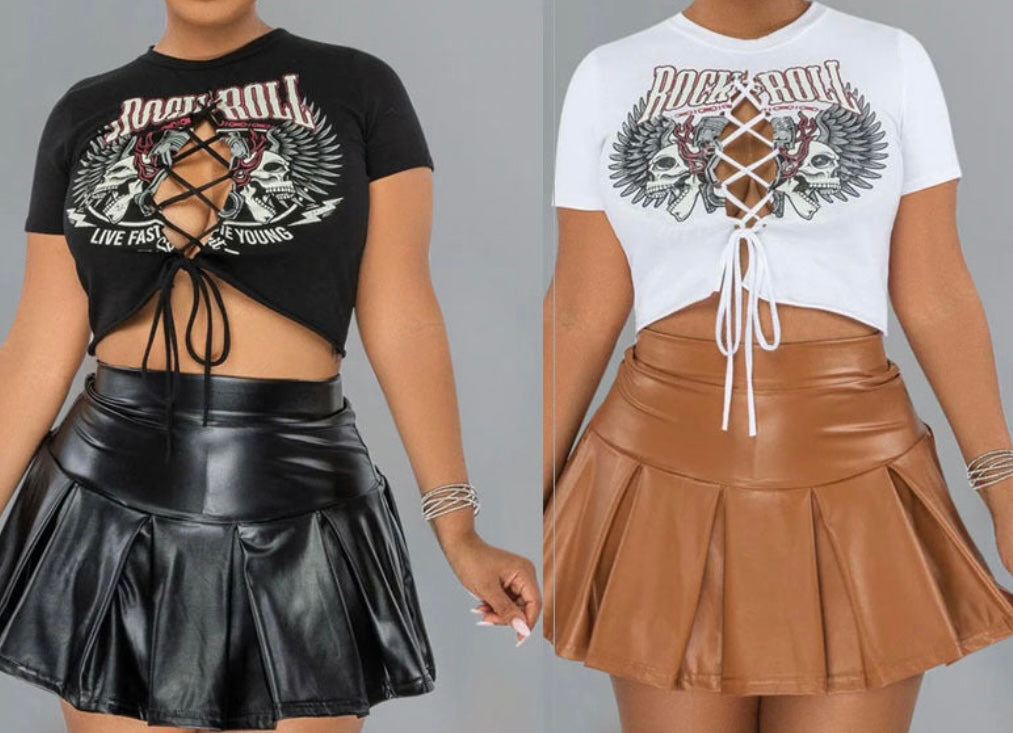 Women Short Pleated PU leather Skirt Set