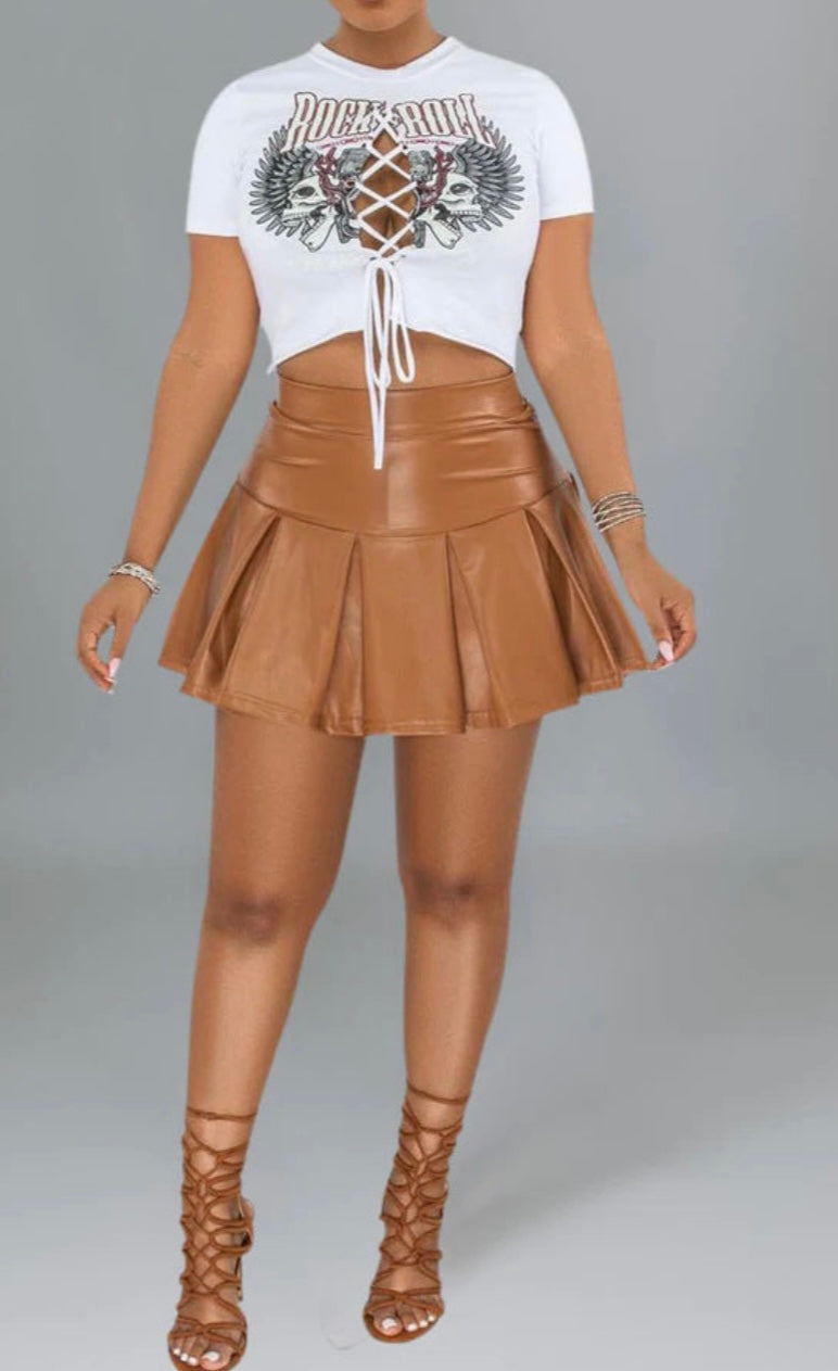 Women Short Pleated PU leather Skirt Set