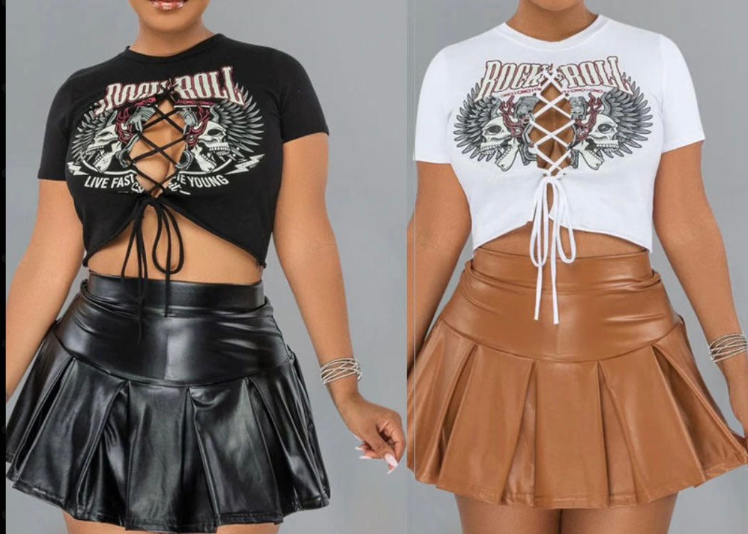 Women Short Pleated PU leather Skirt Set