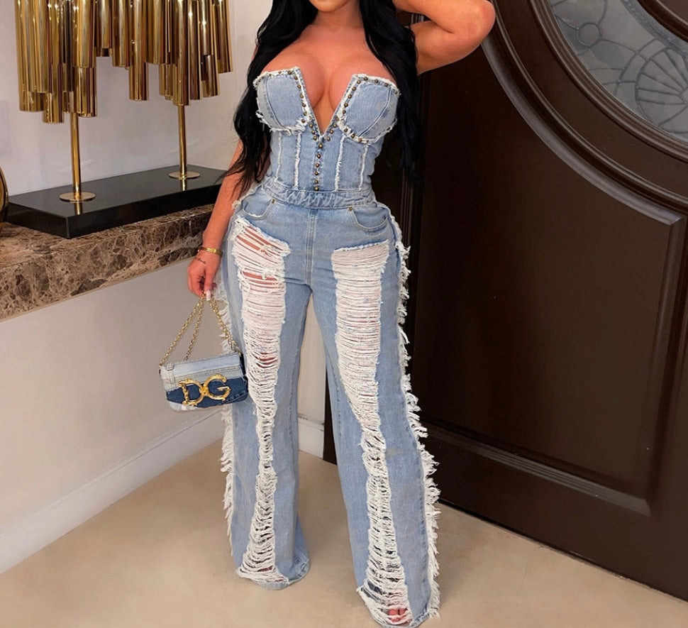 Women's Tassel Hole Rhinestone Washing Water Denim Jumpsuit