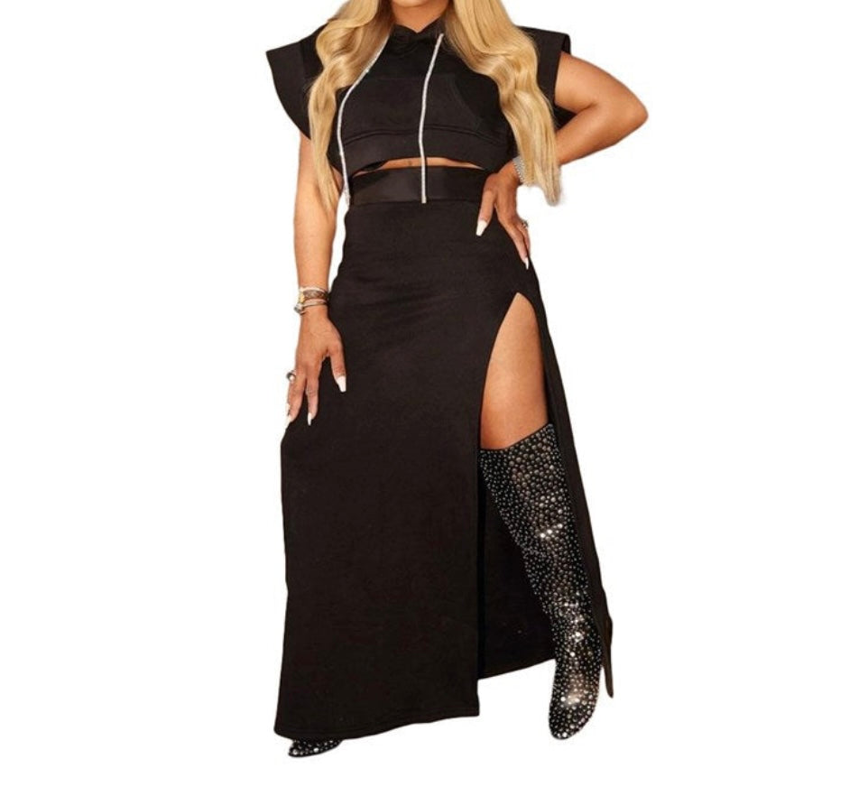 Solid Color Drawstring Two-piece Skirt Set