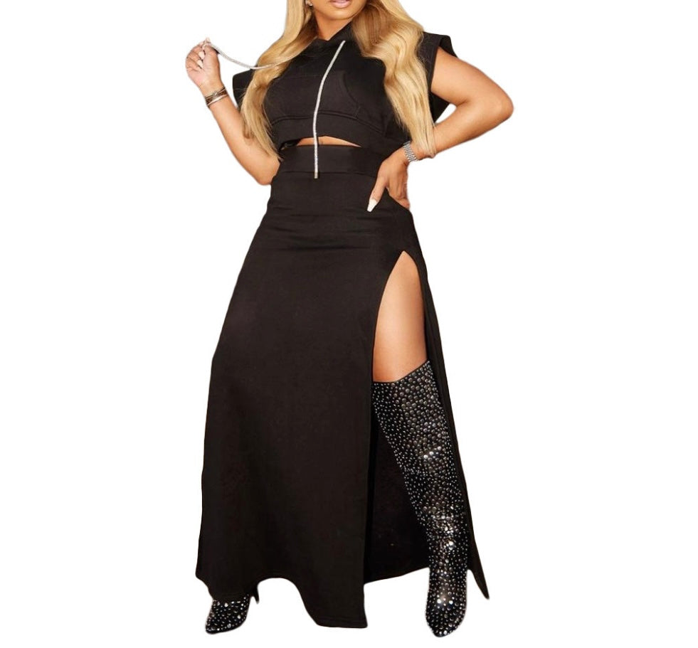 Solid Color Drawstring Two-piece Skirt Set