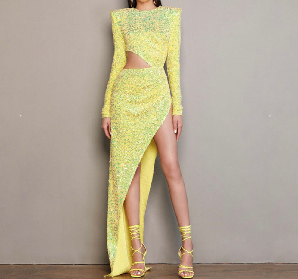 Women's Fashionable Sequins Long Sleeve Midriff Cutout Slim Dress