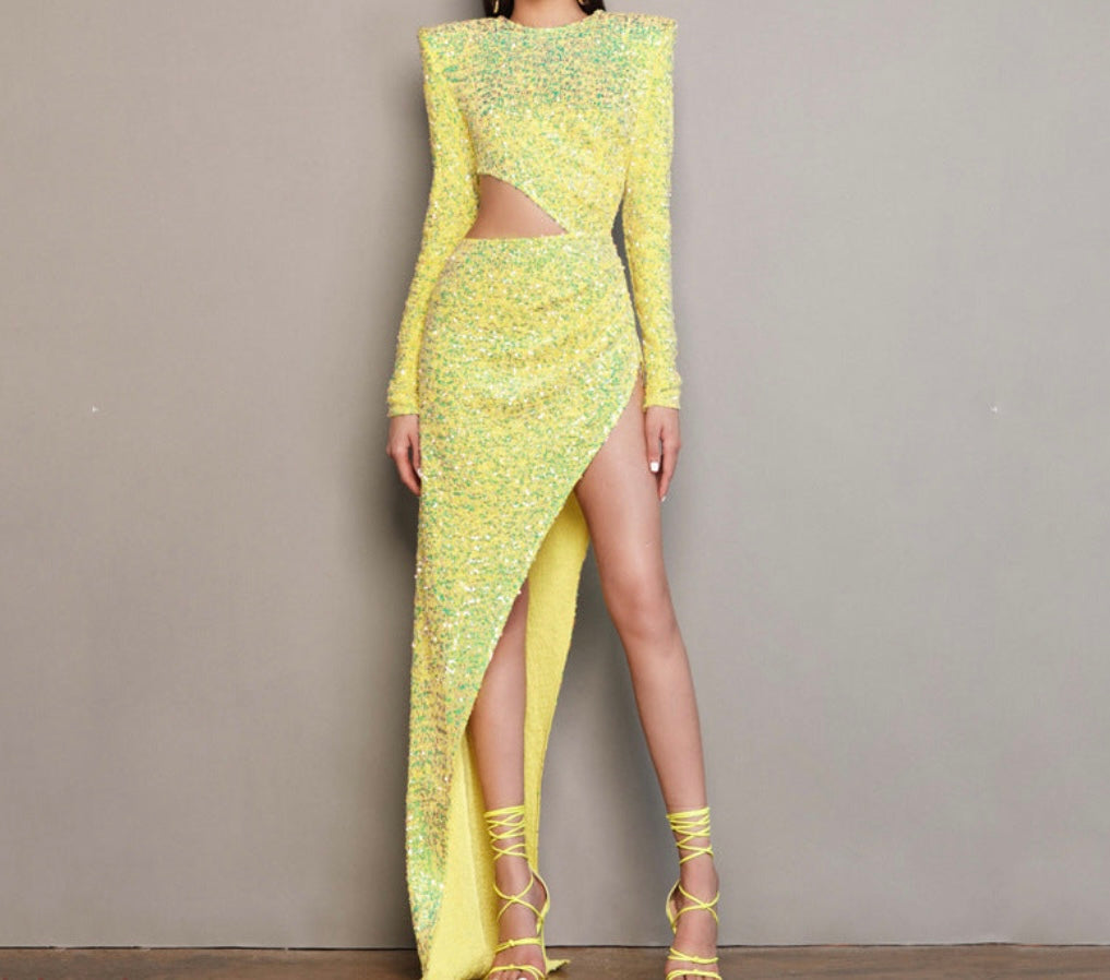 Women's Fashionable Sequins Long Sleeve Midriff Cutout Slim Dress