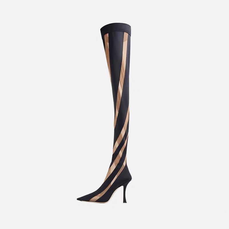 Women's Pointed Toe Hollow Mesh Over Knee High Heel Boots