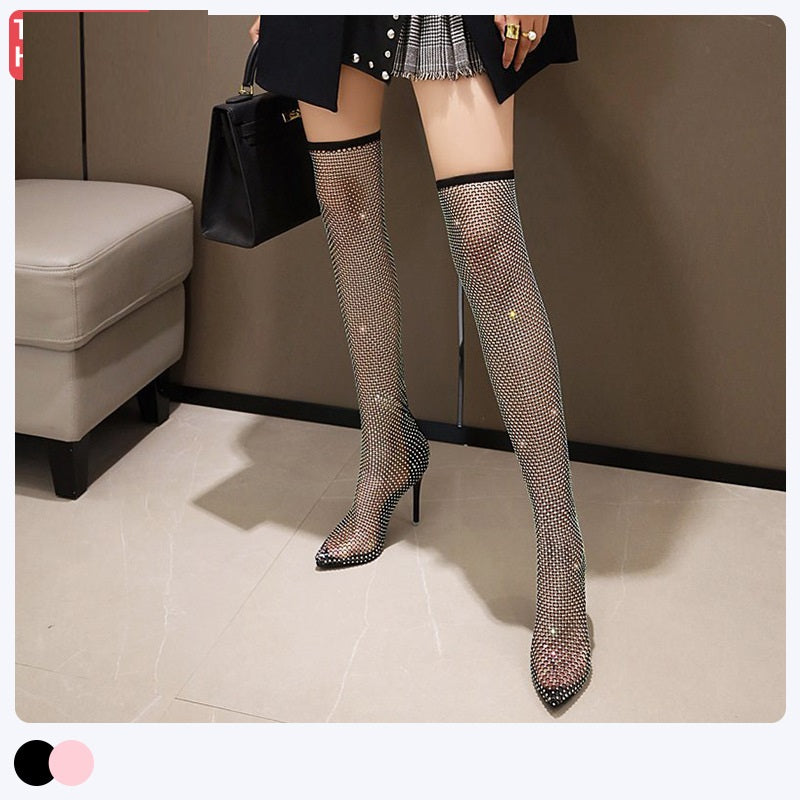 Over-the-knee Rhinestone Mesh Fishnet Boots