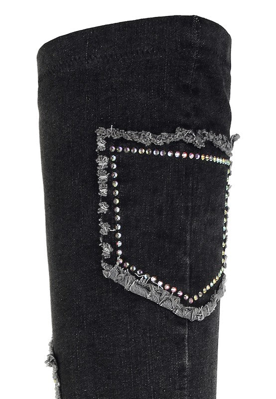 Women's Eilish Rhinestones Knee High Denim Boots