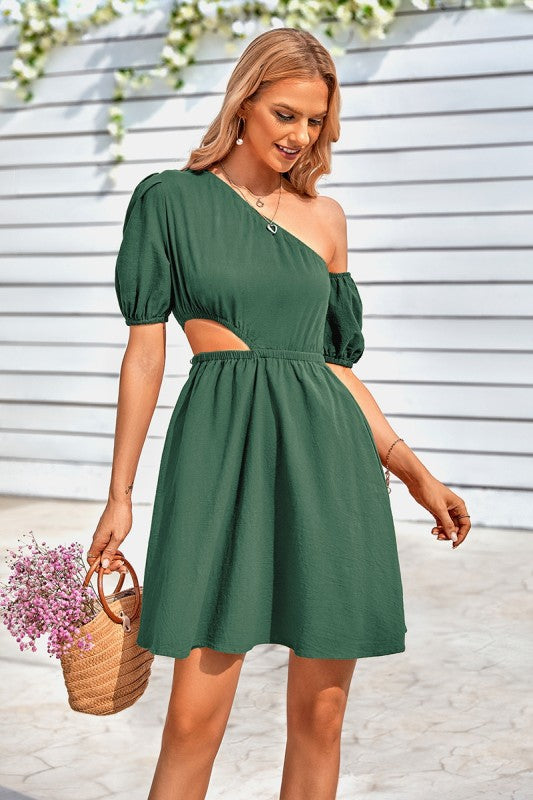 One Shoulder Sleeve Fit Flare Short Dress Z&Z Lady's Boutique One Shoulder Sleeve Fit Flare Short Dress Z&Z Lady's Boutique