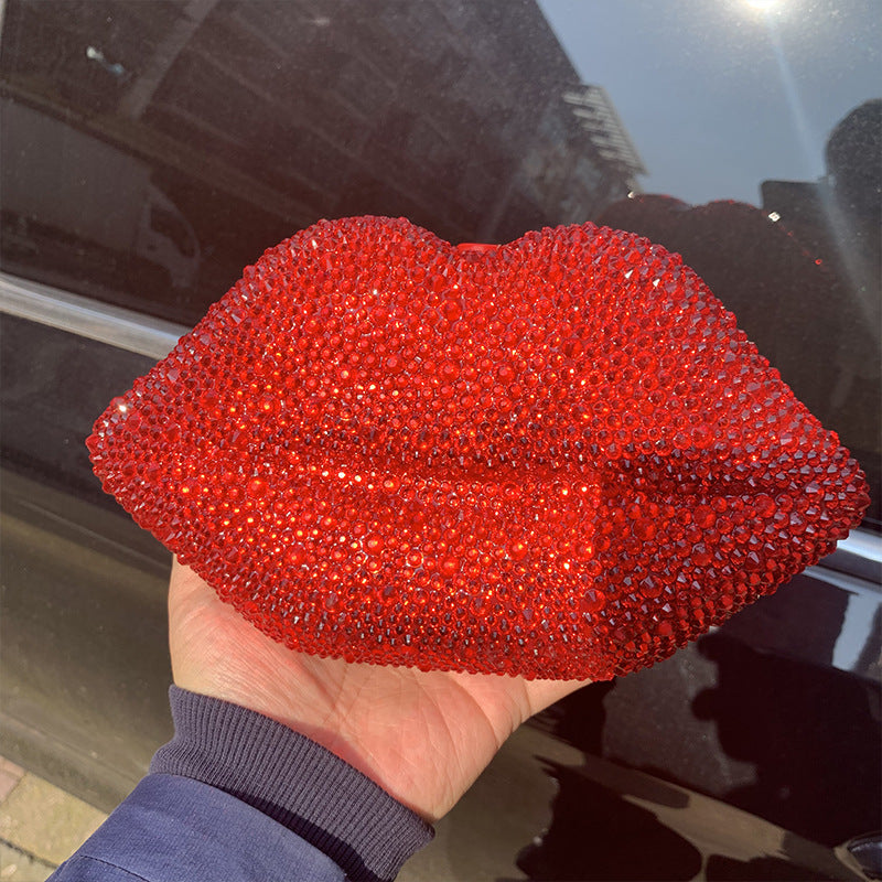 Rhinestone Acrylic Red Lips Chain Dinner Bag