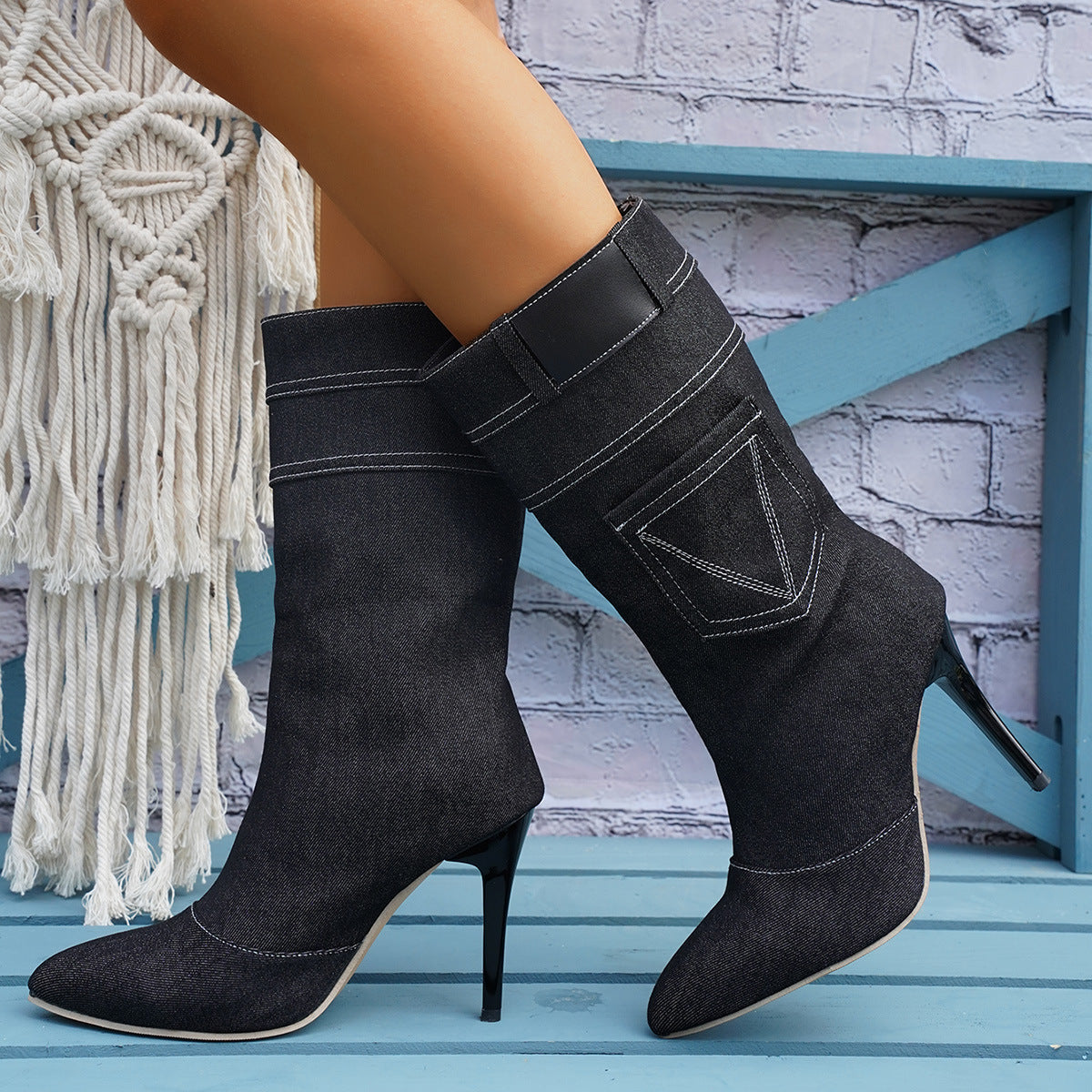 Women's Fashion Stiletto Pointed Toe Denim Western Boots With Pocket Design