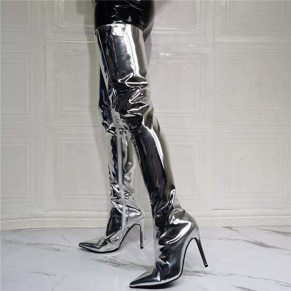 Women's Fashion Silver Patent Leather Thigh High Boots