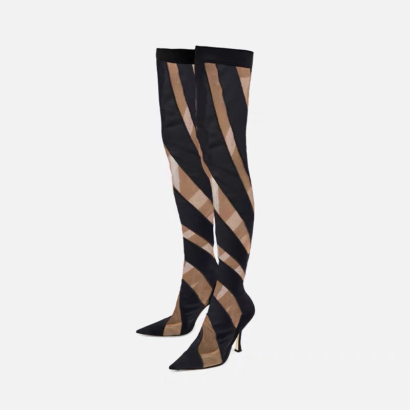 Women's Pointed Toe Hollow Mesh Over Knee High Heel Boots