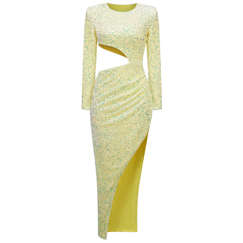 Women's Fashionable Sequins Long Sleeve Midriff Cutout Slim Dress