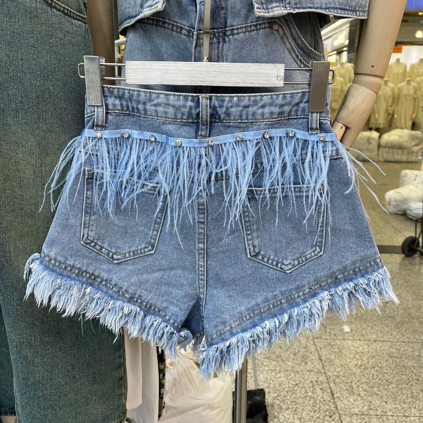 Rhinestone Ostrich Feather Tassel Denim Shorts