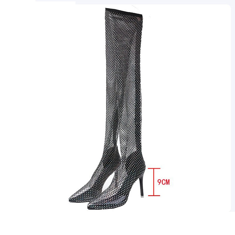 Over-the-knee Rhinestone Mesh Fishnet Boots
