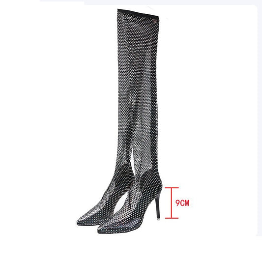 Over-the-knee Rhinestone Mesh Fishnet Boots