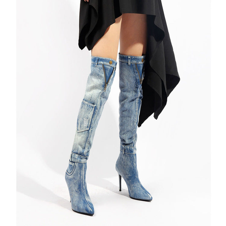 New Denim Over The Knee Skinny Heel Rider Boots