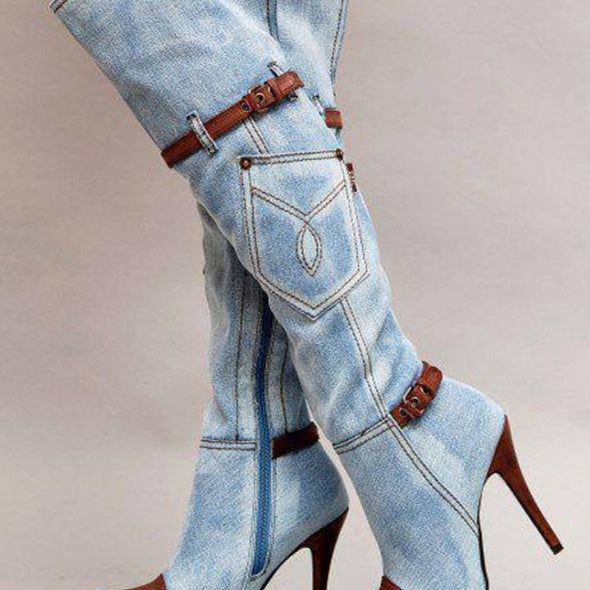Women's Denim Boots Stitching High Heel Knee-high Boots