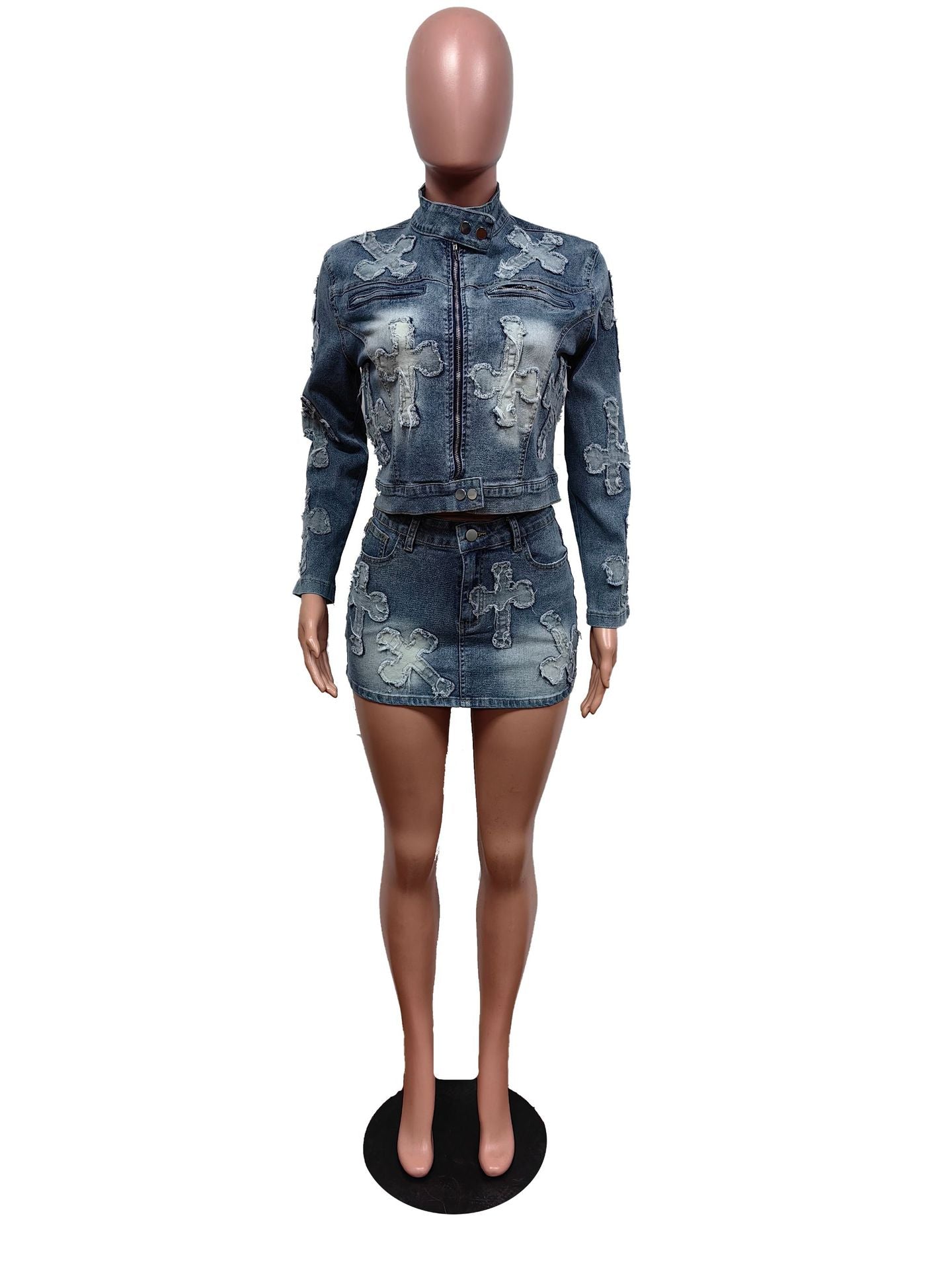 Denim Embroidered Cross Short Skirt Set